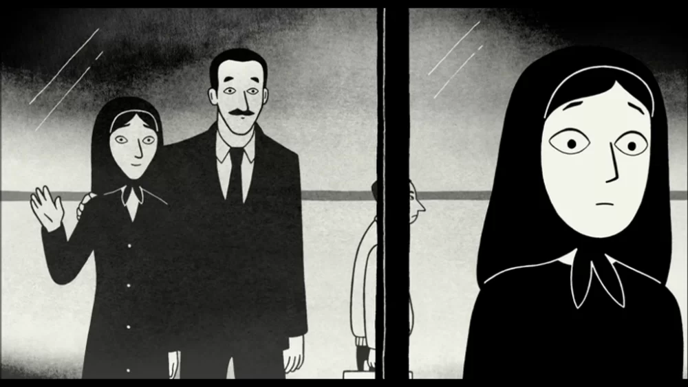 La protagonista de la película persépolis despidiendose de sus padres antes de marchar a Europa desde Irán para estudiar